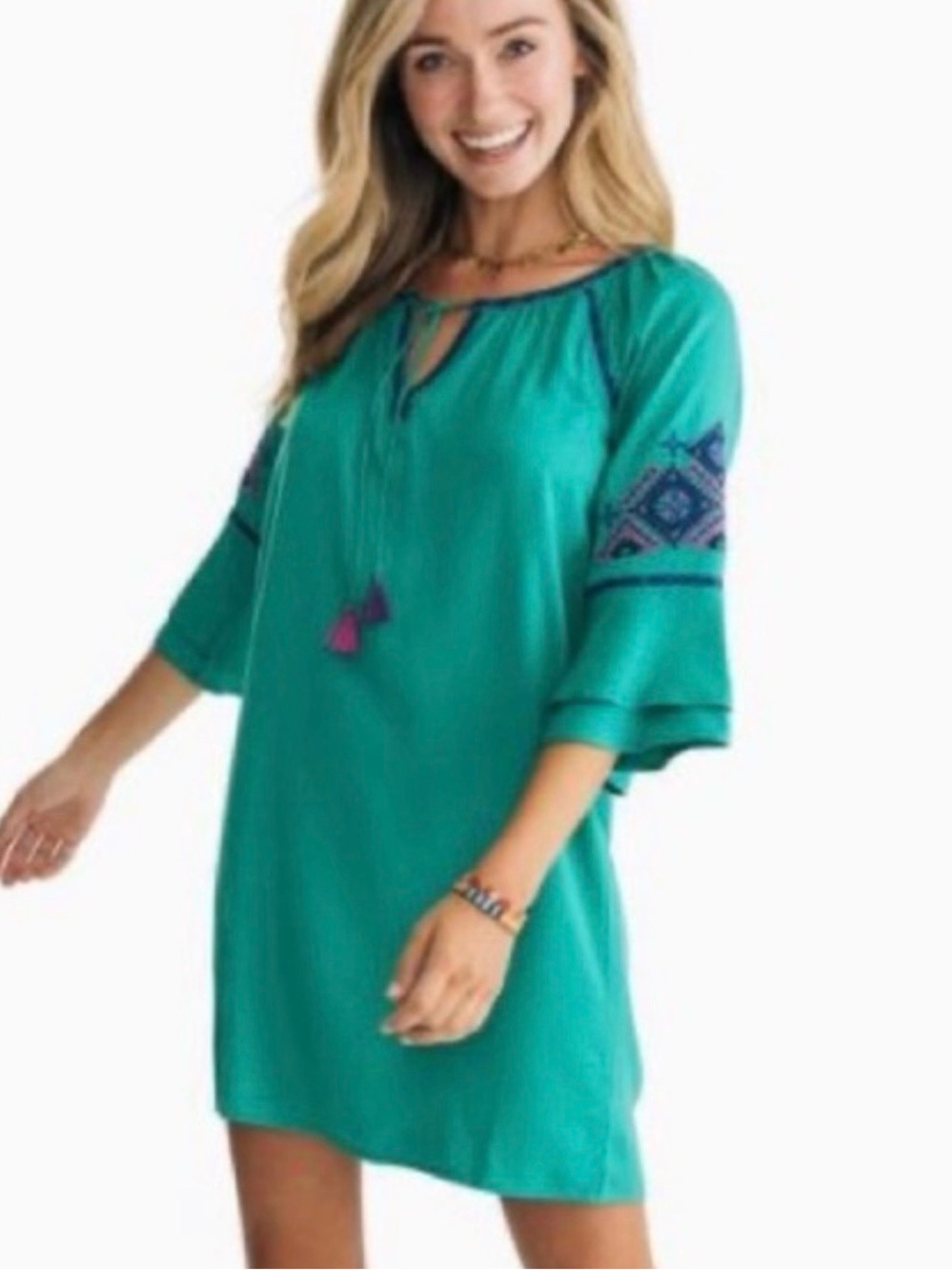 Southern Tide Teal Embroidered Tassel Tunic